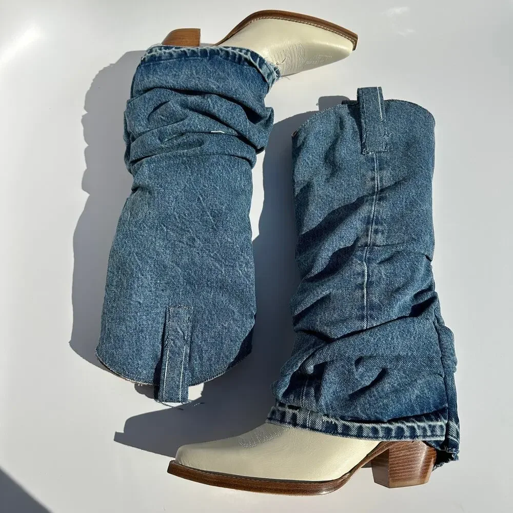 R13 Mid Cowboy Boots with Denim Sleeve Shaft Indigo Blue Ivory Size 38 NIB $1395 - Picture 2 of 16